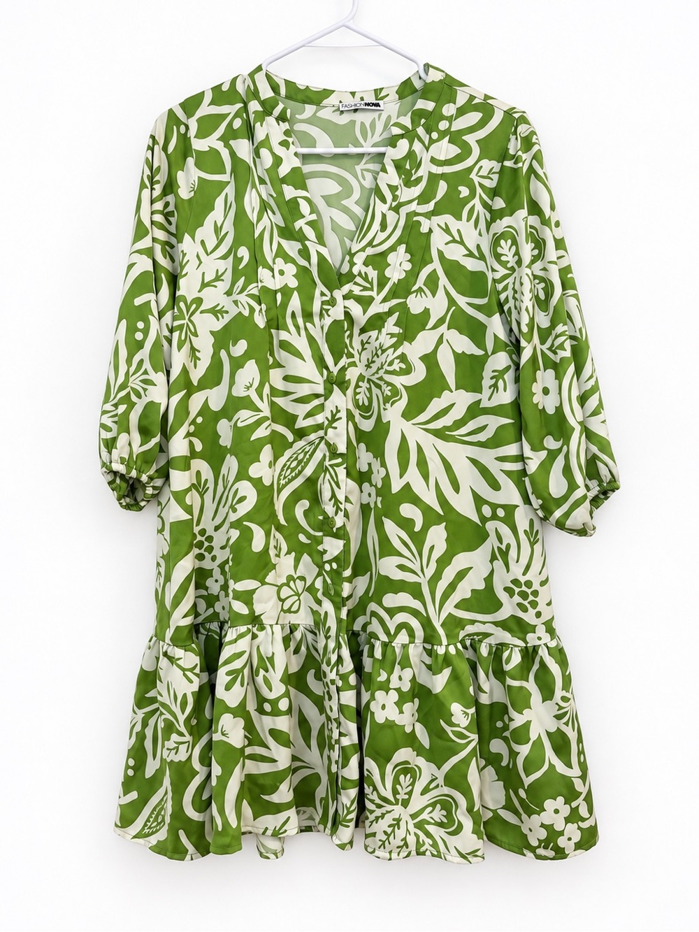 Fashion Nova Green and White Floral Button-Front Mini Dress